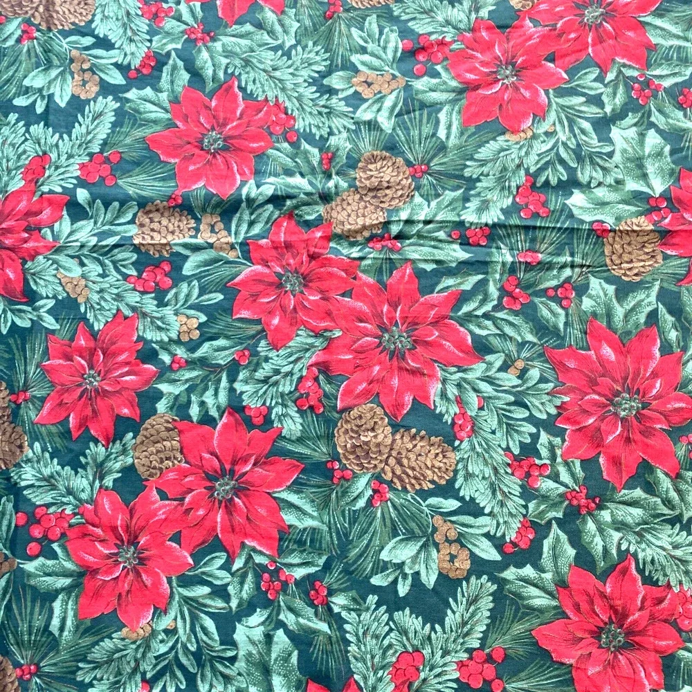 Vintage Christmas tablecloth red green brown poinsettias holly leaves pinecones
